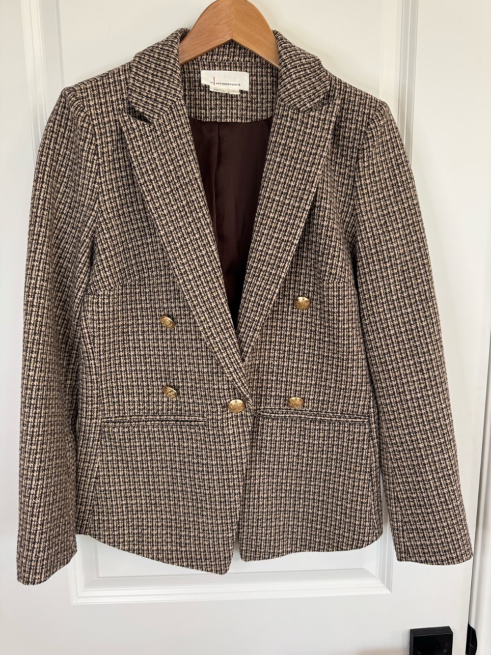 By Anthropologie Metallic Houndstooth Double Breasted Blazer Gold Crest Buttons